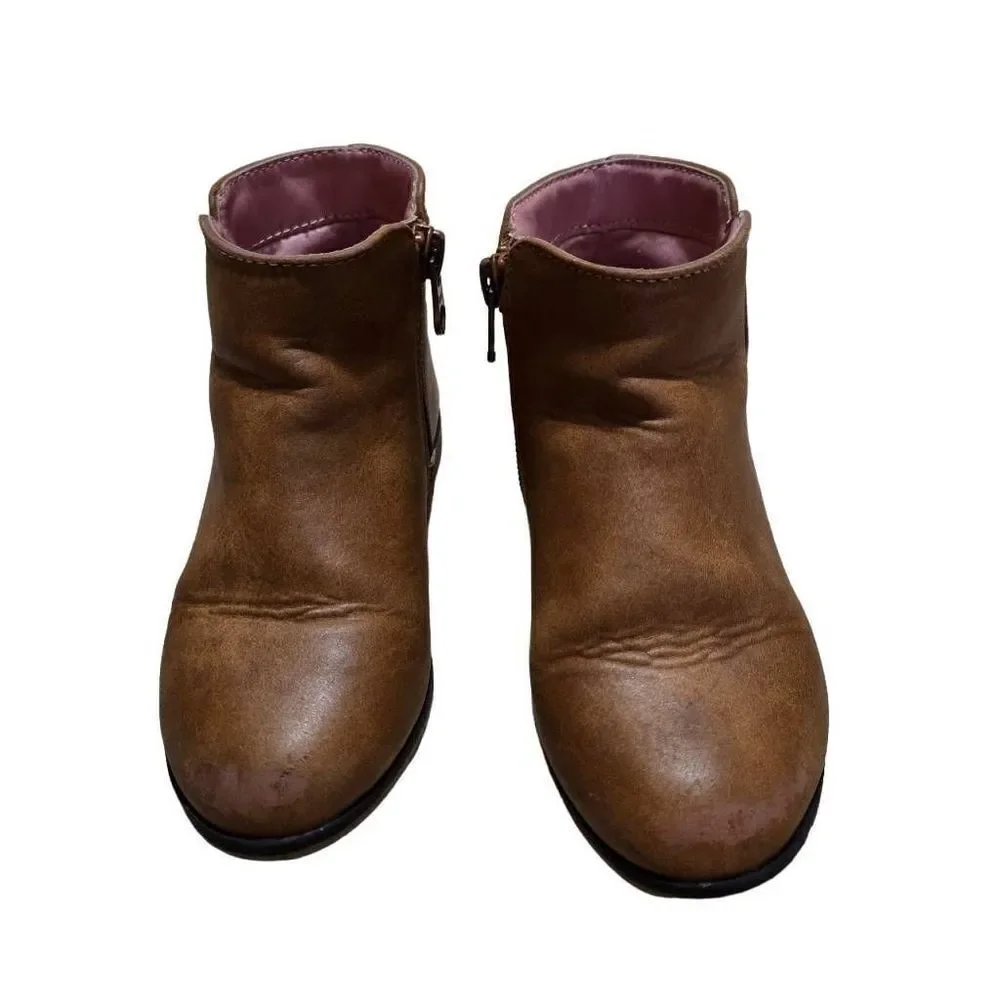 Cat & Jack Girls Size 10 Brown Cognac Zip-Up Ankle Boots Faux Leather